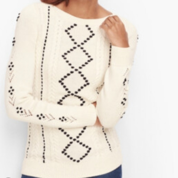 TALBOTS Women's M Velvet Ribbon Sweater Cream Cable Knit Black Ribbon Sweater - Picture 1 of 6